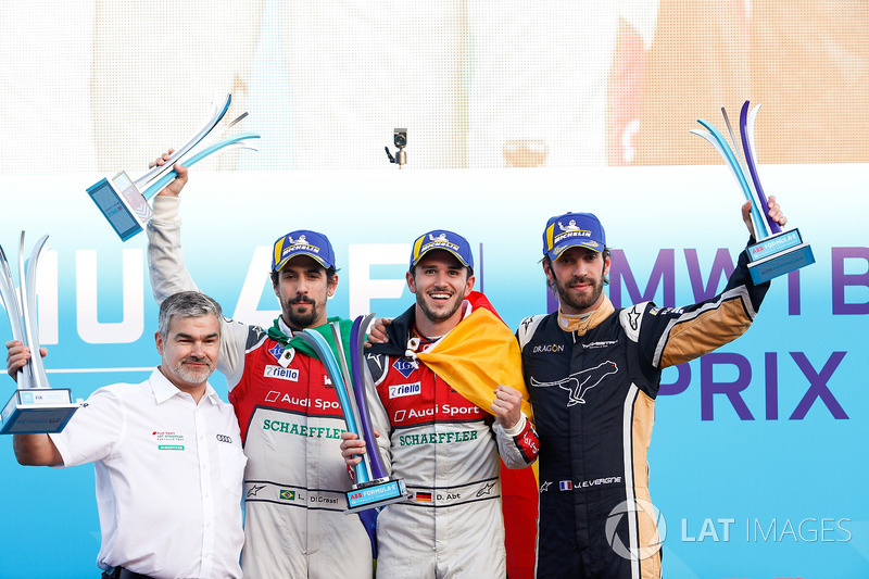 Jean-Eric Vergne, Techeetah, places 3rd, Lucas di Grassi, Audi Sport ABT Schaeffler, places 2nd, Daniel Abt, Audi Sport ABT Schaeffler, wins the Berlin ePrix