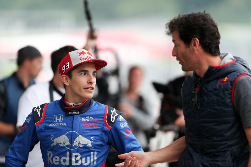 Marc Márquez, prueba un monoplaza Toro Rosso F1, con el ex piloto de Formula 1, Mark Webber