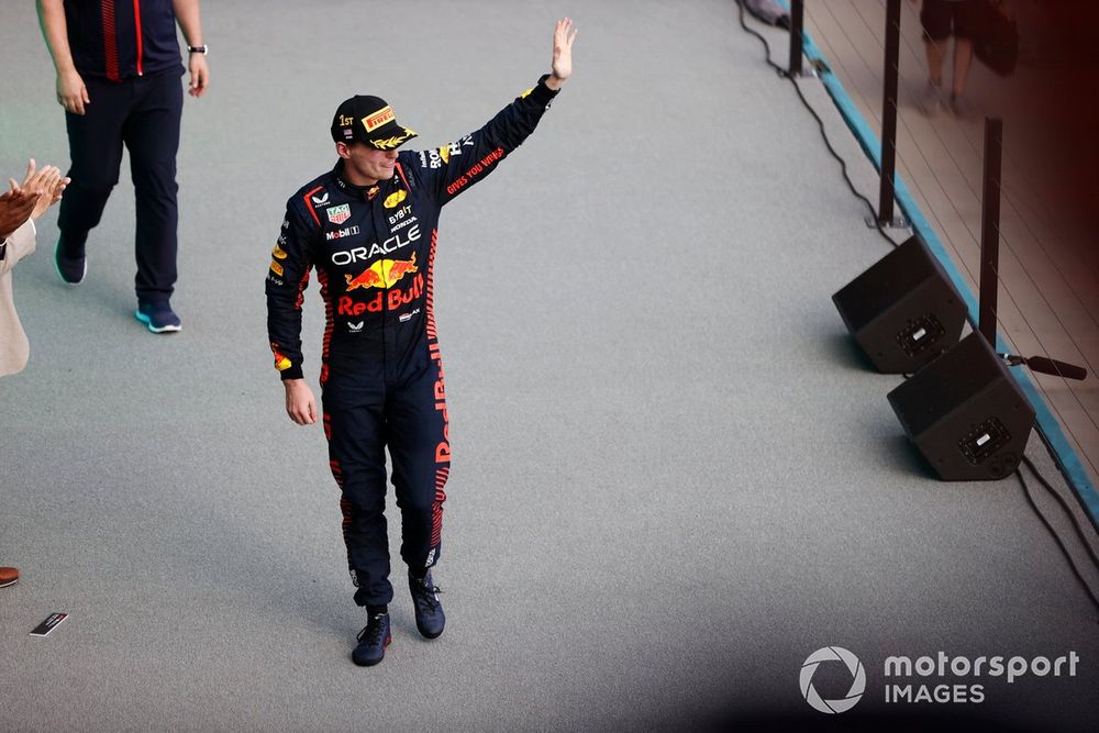 Max Verstappen, Red Bull Racing, 1st position, arrives on the podium