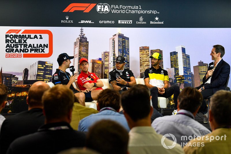 Nicholas Latifi, Williams Racing, Sebastian Vettel, Ferrari, Lewis Hamilton, Mercedes-AMG Petronas F1, and Daniel Ricciardo, Renault F1 in the press conference