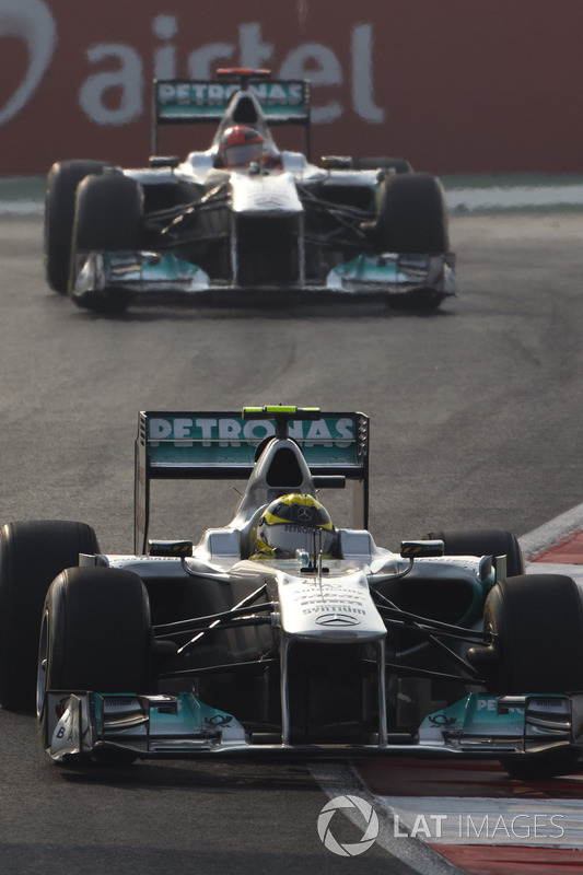Nico Rosberg, Mercedes GP W02, precede Michael Schumacher, Mercedes GP W02