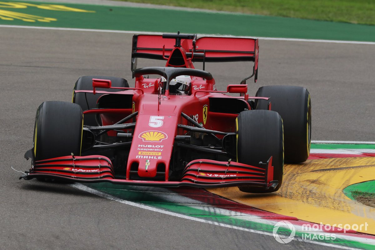 Себастьян Феттель, Ferrari SF1000 – хорошо видно повреждение торцевой пластины крыла