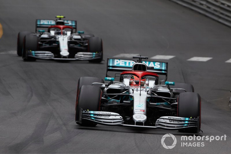 Lewis Hamilton, Mercedes AMG F1 W10, leads Valtteri Bottas, Mercedes AMG W10