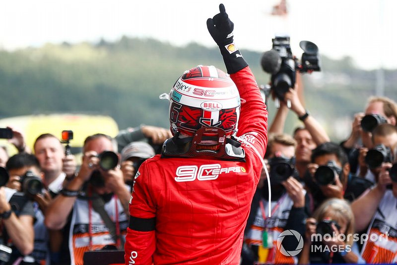 Charles Leclerc, Ferrari, celebrates victory in parc ferme