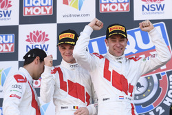 Podium: race winners Robin Frijns, Stuart Leonard, Dries Vanthoor, Audi Sport Team WRT