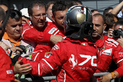 Sebastian Vettel, Ferrari celebrates in parc ferme, the team
