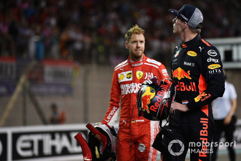 Sebastian Vettel, Ferrari et Max Verstappen, Red Bull Racing dans le Parc Fermé