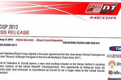 Ecco il comunicato del matrimonio Valentino-Ducati