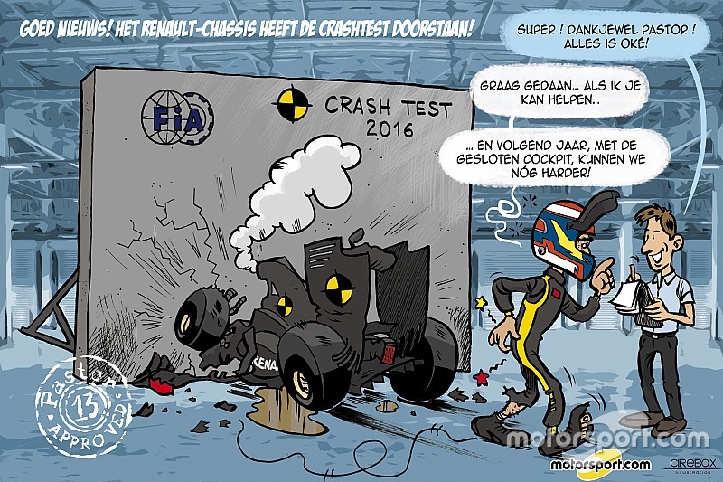 Cartoon van Cirebox - Pastor Maldonado doet Renault-crashtest
