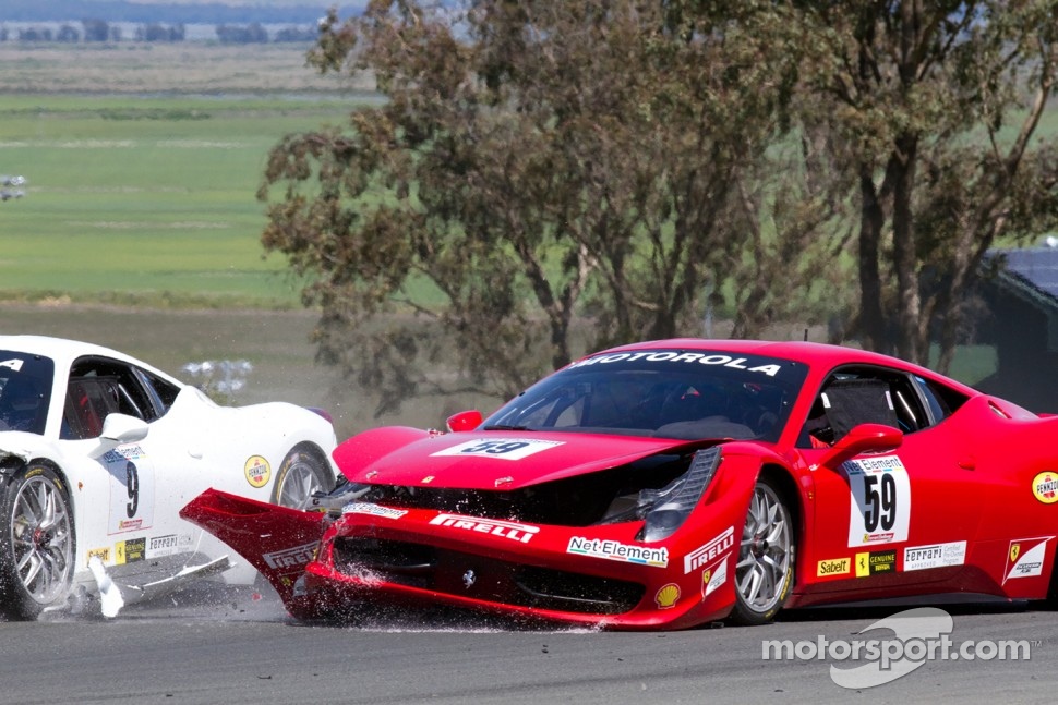 Start: #9 Ferrari of Beverly Hills Ferrari 458 Challenge: Jay Lee and #59 Algar Ferrari Ferrari 458 Challenge: John Farano collide