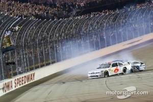 Ricky Stenhouse Jr. blows an engine on the last lap as second place, Carl Edwards slams into the rear of the car, pushing Ricky passed the checkered flag