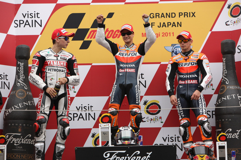 2011: 1. Dani Pedrosa, 2. Jorge Lorenzo, 3. Casey Stoner