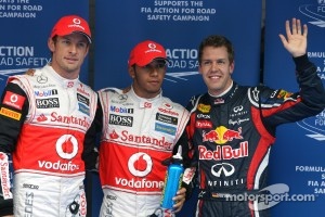 Polesitter Lewis Hamilton, McLaren Mercedes, second place Sebastian Vettel, Red Bull Racing and third place Jenson Button, McLaren Mercedes