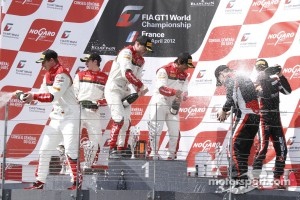 Podium: race winners Stéphane Ortelli, Laurens Vanthoor, second place Frank Stippler, Oliver Jarvis, third place Markus Winkelhock and Marc Basseng