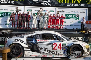 GT podium: class winners Filipe Albuquerque, Oliver Jarvis, Edoardo Mortara, Dion von Moltke, second place Frank Stippler, Marc Basseng, Ian Baas, René Rast, third place Max Papis, Jeff Segal, Toni Vilander, Giancarlo Fisichella