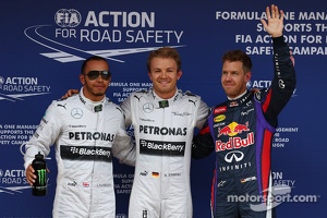 Polesitter Nico Rosberg, Mercedes AMG F1, second place Lewis Hamilton, Mercedes AMG F1, third place Sebastian Vettel, Red Bull Racing