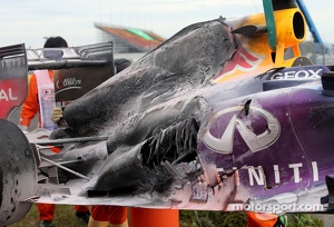 Detail of the fire damage to Mark Webber's Red Bull