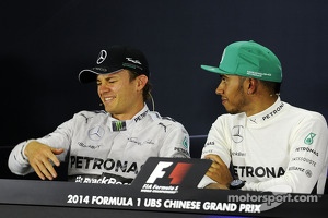 Nico Rosberg, Mercedes AMG F1 and team mate Lewis Hamilton, Mercedes AMG F1 in the FIA Press Conference