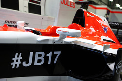 De Marussia F1 Team MR03 van Jules Bianchi, draagt een steunbetuiging met de hashtags #ForzaJules en