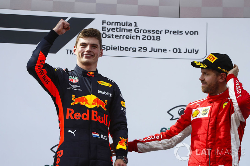 Max Verstappen, Red Bull Racing, 1e plaats, en Sebastian Vettel, Ferrari, 3e plaats op het podium
