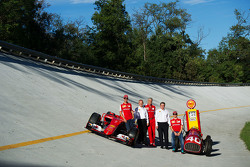 The Ferrari SF15-T and Ferrari 166 F1 cars on the Monza banking with Sebastian Vettel, Ferrari, John Abbott, Shell Downstream Director, Maurizio Arrivabene, Ferrari Team Principal, Istvan Kapitany, Shell Executive Vice President, Retail and Kimi Raikkonen Ferrari