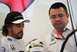 (L to R): Fernando Alonso, McLaren with Eric Boullier, McLaren Racing Director