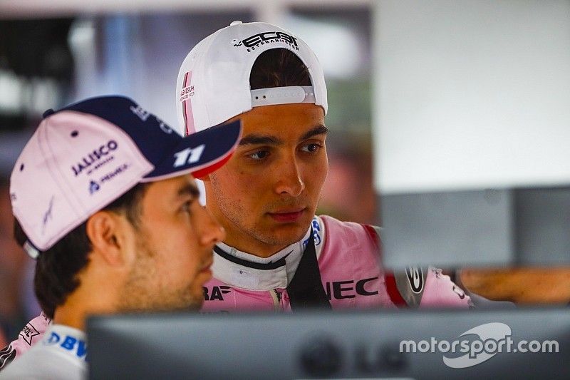 Sergio Perez, Force India, and Esteban Ocon, Force India