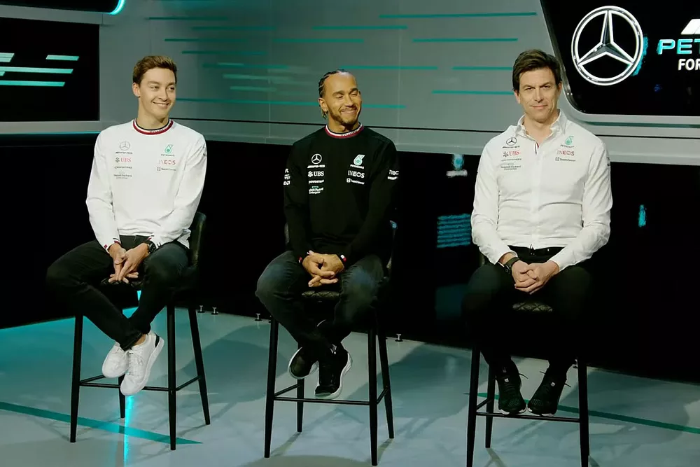 George Russell, Lewis Hamilton, Toto Wolff, Teambaas en CEO, Mercedes AMG
