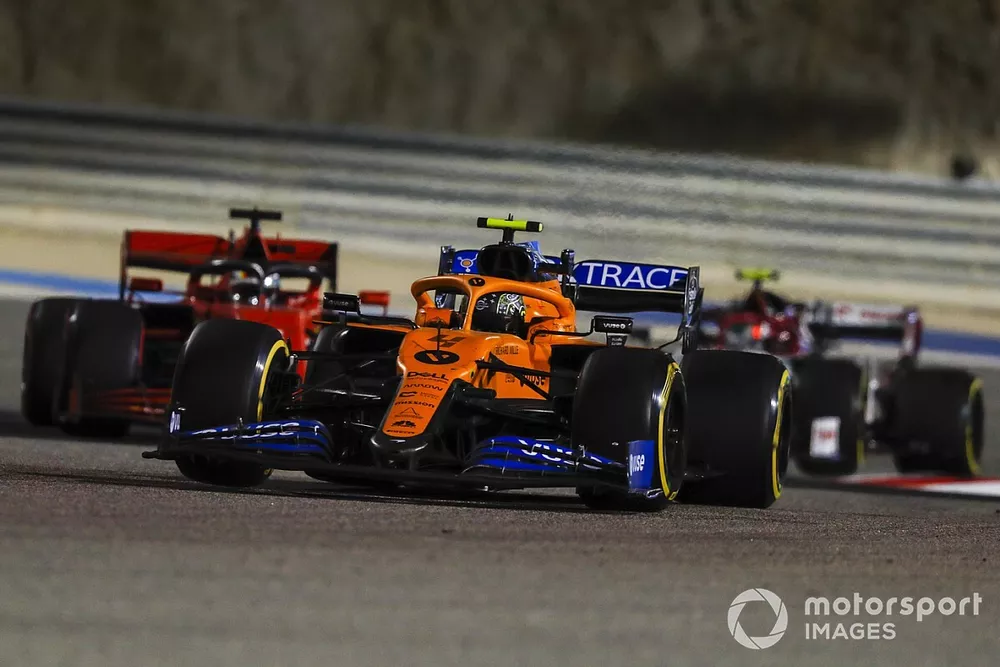 Lando Norris, McLaren MCL35, Sebastian Vettel, Ferrari SF1000, and Antonio Giovinazzi, Alfa Romeo Racing C39