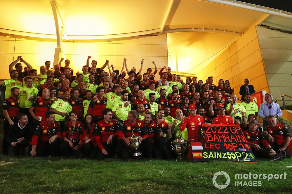 Charles Leclerc, Ferrari, Carlos Sainz Jr., Ferrari, celebrate with team members
