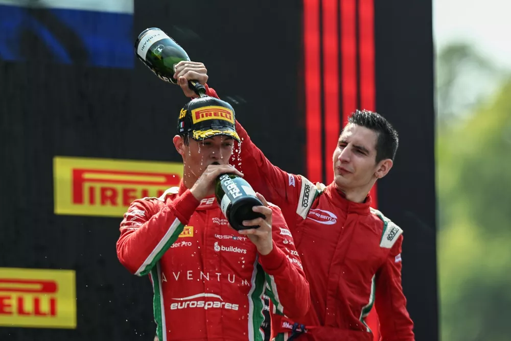 Oliver Bearman, Prema Racing, 1st position, celebrates on the podium