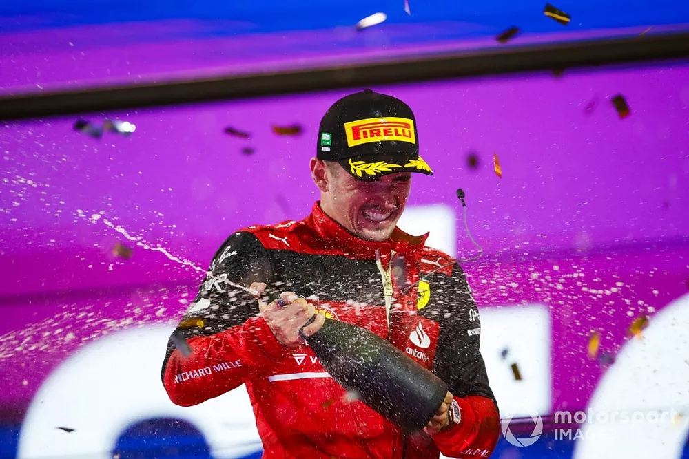 Charles Leclerc, Ferrari, 2nd position, celebrates on the podium