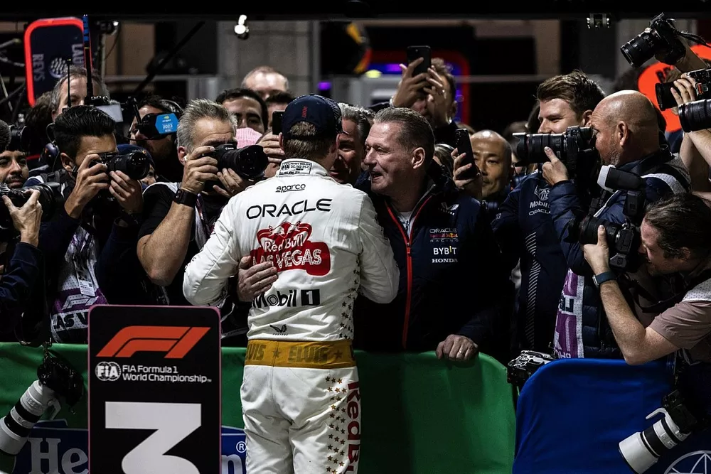 Max Verstappen, Red Bull Racing, 1st position, celebrates with his father Jos Verstappen in Parc Ferme