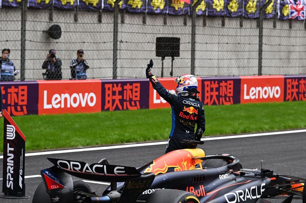 Max Verstappen, Red Bull Racing RB20, 1st position, celebrates after the Sprint Race