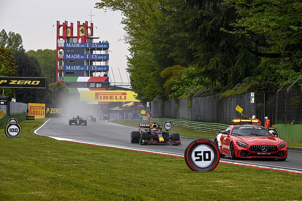 The Safety Car Max Verstappen, Red Bull Racing RB16B, and Lewis Hamilton, Mercedes W12