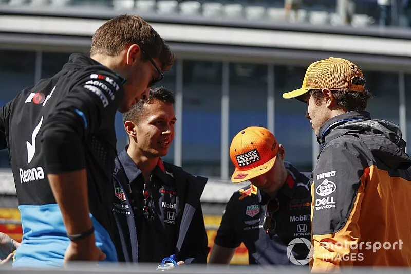 L-R: George Russell, Williams Racing, Alex Albon, Red Bull Racing, Max Verstappen, Red Bull Racing and Lando Norris, McLaren 