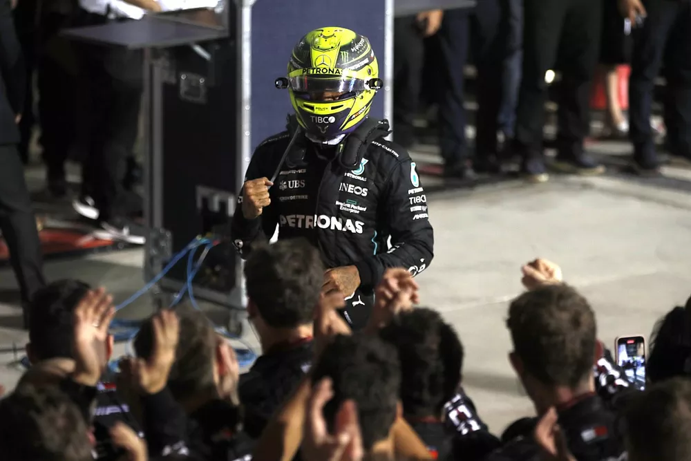 Lewis Hamilton, Mercedes-AMG, 3rd position, celebrates in Parc Ferme