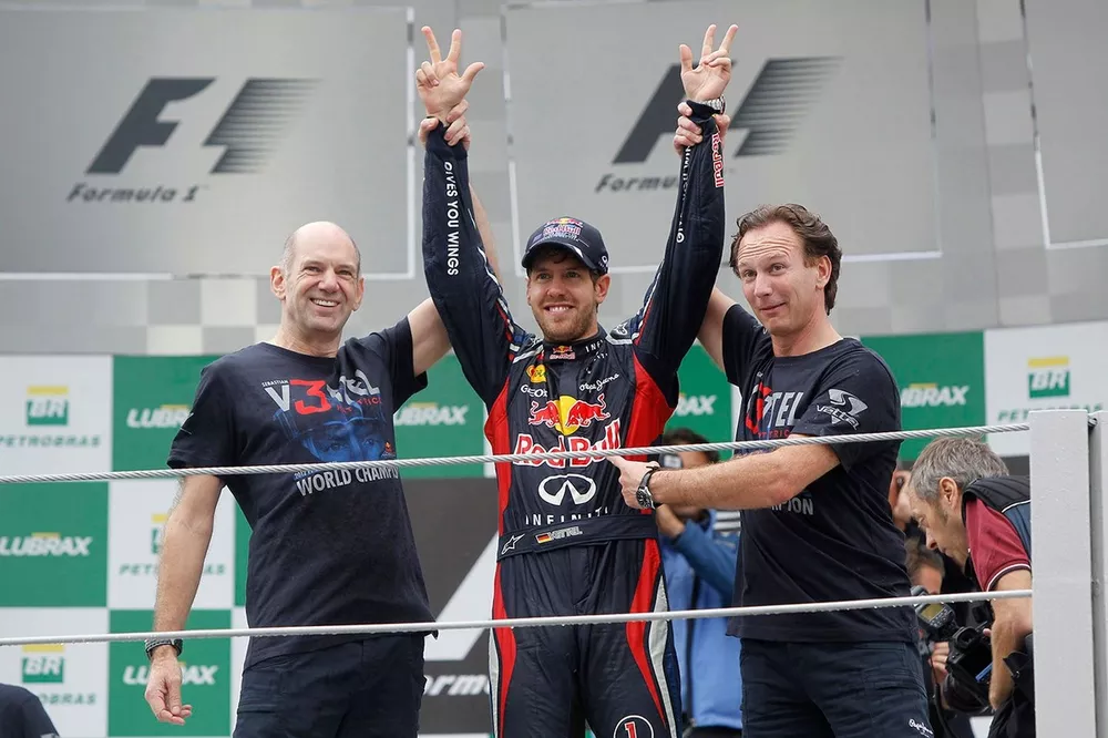 Sebastian Vettel, Red Bull Racing, Christian Horner, Team Principal, Red Bull Racing, Adrian Newey, Chief Technical Officer, Red Bull Racing and the Red Bull Racing team celebrate Championship victory