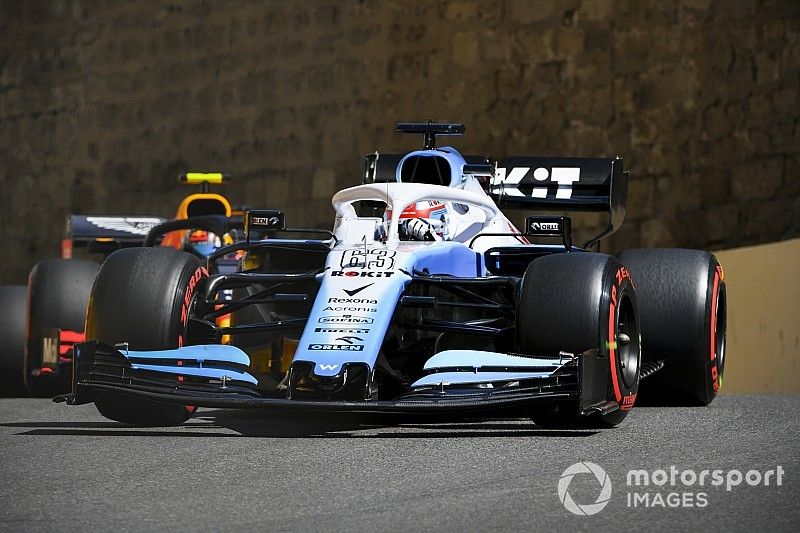 George Russell, Williams Racing FW42, leads Pierre Gasly, Red Bull Racing RB15