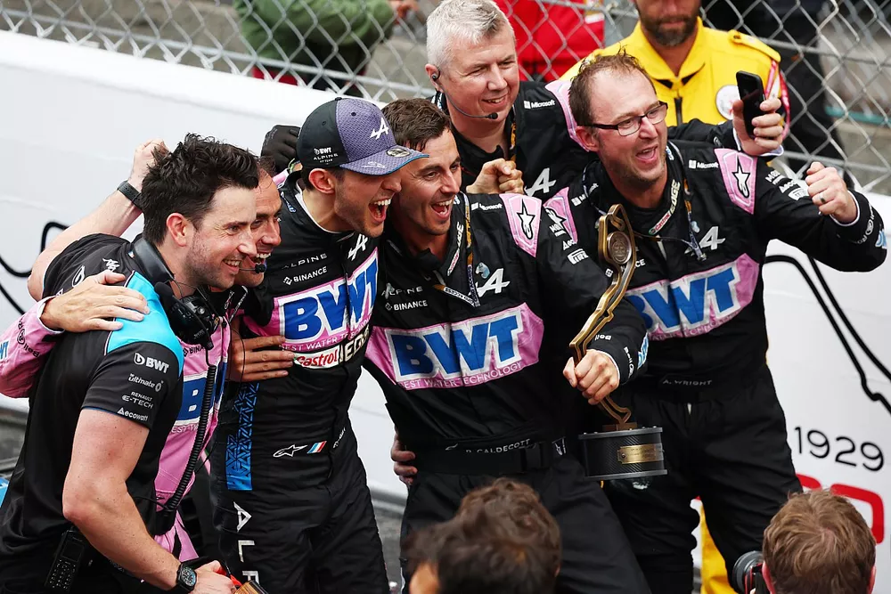 Esteban Ocon, Alpine F1 Team celebrates his third position with the team