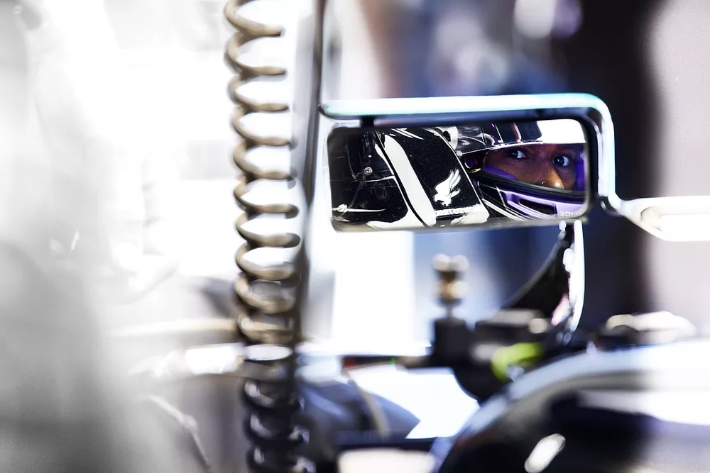 Lewis Hamilton, Mercedes, viewed in his rear view mirror