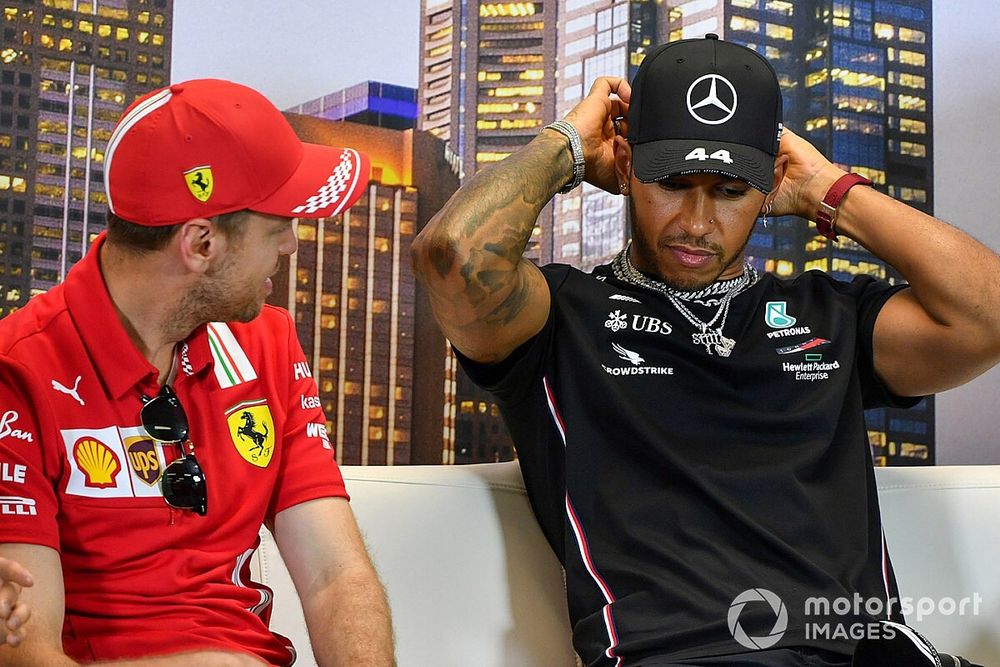 Sebastian Vettel, Ferrari and Lewis Hamilton, Mercedes-AMG Petronas F1 in the press conference