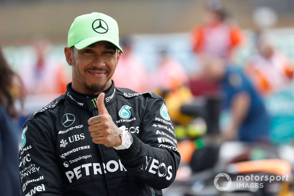 Lewis Hamilton, Mercedes-AMG, 3rd position, gives a thumbs up in Parc Ferme