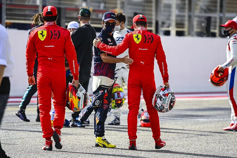 Carlos Sainz Jr., Ferrari, Sergio Perez, Red Bull Racing, and Charles Leclerc, Ferrari 