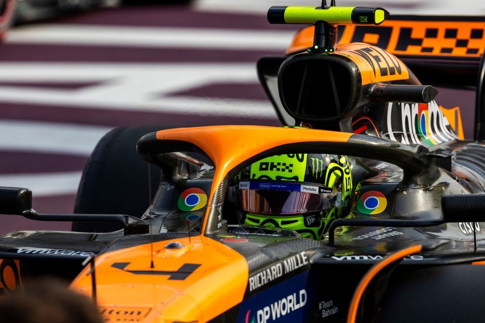 Pole man Lando Norris, McLaren MCL38, arrives in Parc Ferme after securing pole