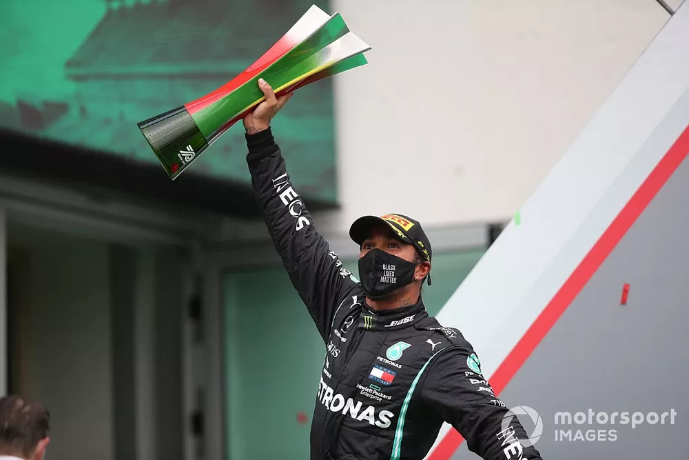 Lewis Hamilton, Mercedes-AMG F1, 1st position, with his trophy