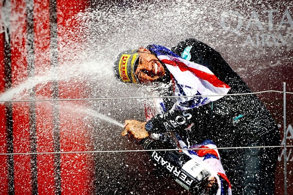 Lewis Hamilton, Mercedes-AMG F1 Team, 1st position, celebrates on the podium with Champagne
