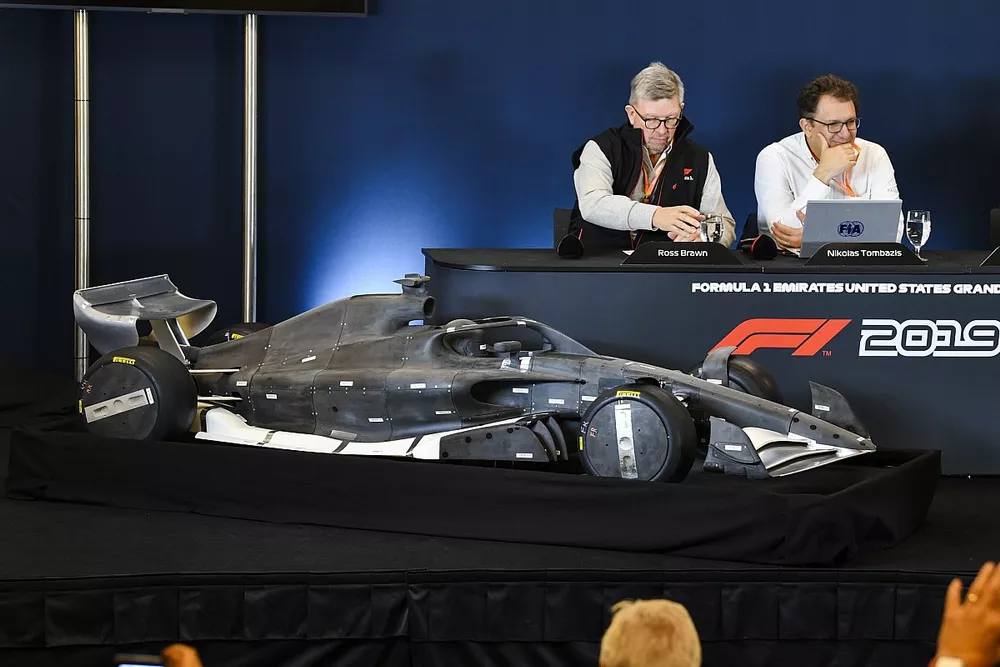 Ross Brawn, Managing Director of Motorsports, FOM, Chase Carey, Chairman, Formula 1 and Nikolas Tombazis unveil the 2021 Formula 1 regulations in a press conference