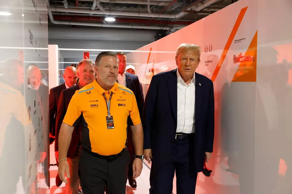 Donald Trump, 45th President of the United States, visits the McLaren garage with Zak Brown, CEO, McLaren Racing 