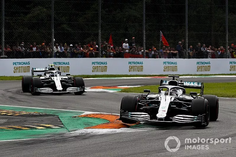 Lewis Hamilton, Mercedes AMG F1 W10, leads Valtteri Bottas, Mercedes AMG W10
